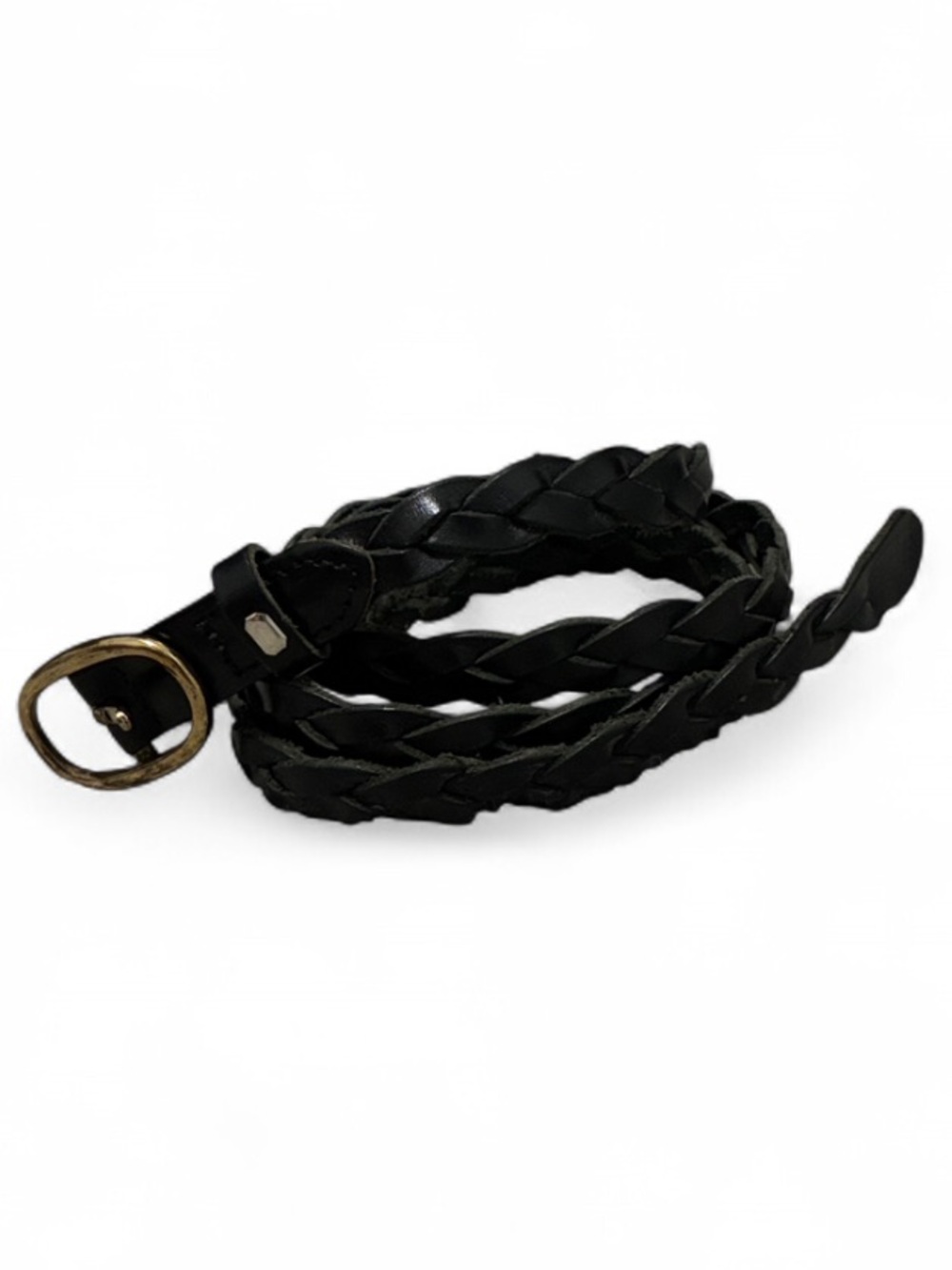 Y2K Old Navy Braided Black Leather Skinny Belt with Gold Buckle